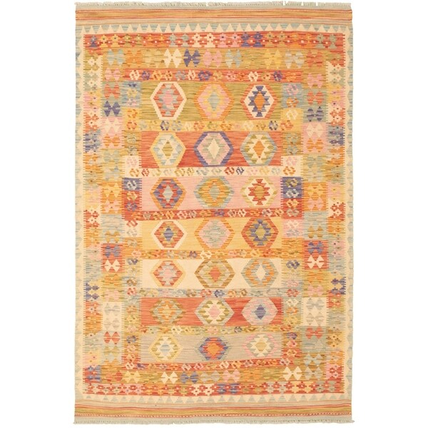 Flat-weave Bold and Colorful Pink, Red Wool Kilim ECARPETGALLERY - 5'5 x 8'2
