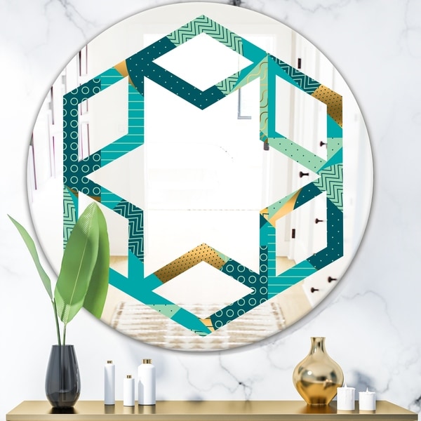 Designart 'Gold and Blue Dynamics II' Modern Round or Oval Wall Mirror - Hexagon Star