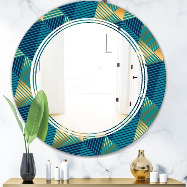 Designart 'Retro Luxury Waves In Gold and Blue VII' Modern Round or Oval Wall Mirror - Triple C