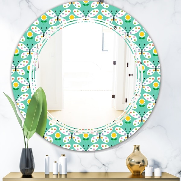 Designart 'Retro Butterflies I' Modern Round or Oval Wall Mirror - Triple C