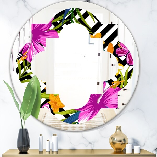 Designart 'Tropical Foliage and Geometrics' Modern Round or Oval Wall Mirror - Quatrefoil - Multi