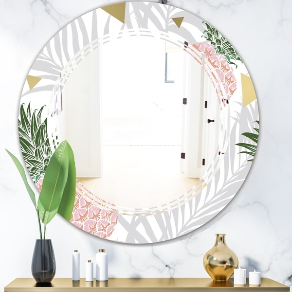 Designart 'Pineappple On Tropical Leaves' Modern Round or Oval Wall Mirror - Triple C