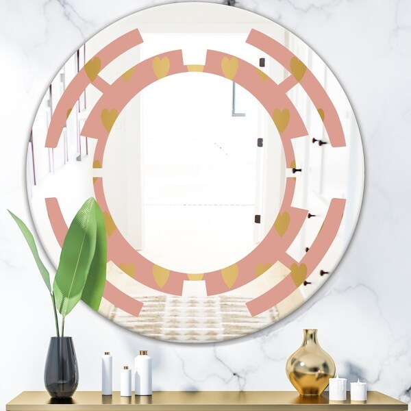 Designart 'Gold Hearts On Pink' Modern Round or Oval Wall Mirror - Space
