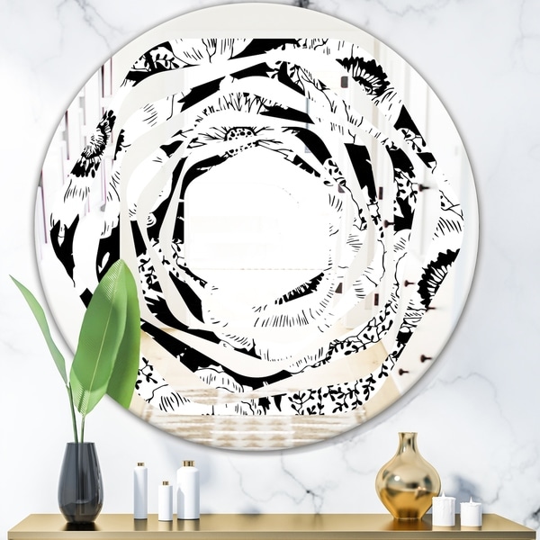 Designart 'Retro Monochrome Flowers Pattern' Cottage Round or Oval Wall Mirror - Whirl
