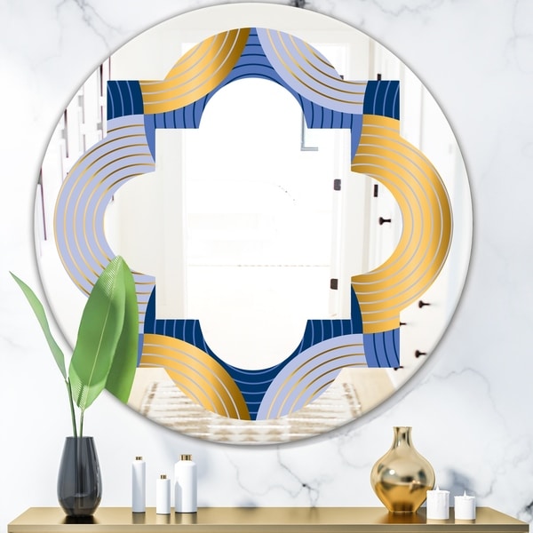 Designart 'Retro Luxury Waves In Gold and Blue X' Modern Round or Oval Wall Mirror - Quatrefoil