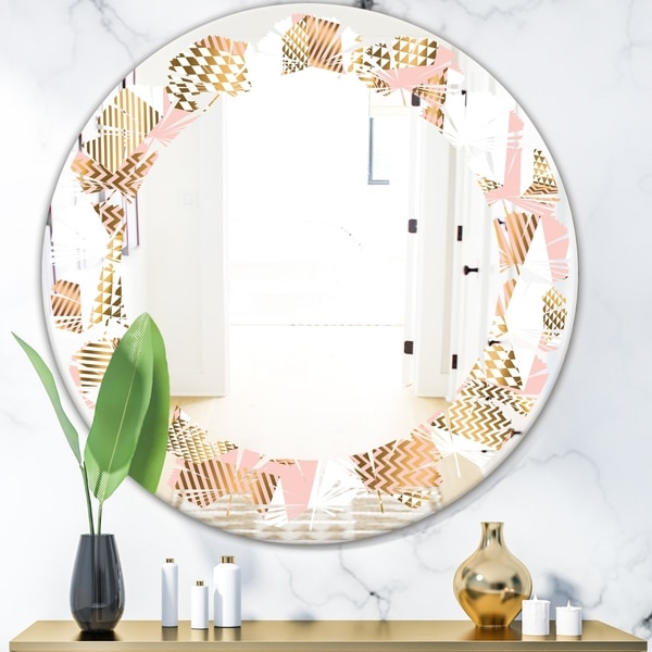 Designart 'Gold and Rose Cubes I' Modern Round or Oval Wall Mirror - Leaves