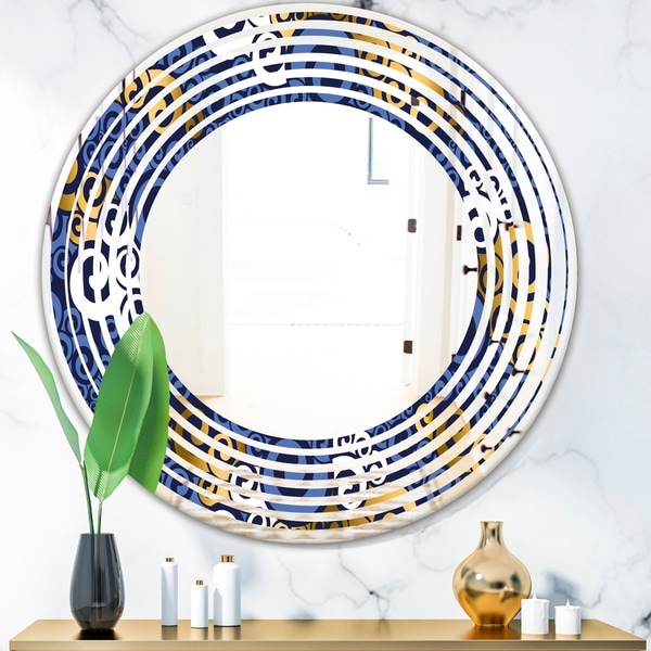 Designart 'Retro Luxury Waves In Gold and Blue III' Modern Round or Oval Wall Mirror - Wave