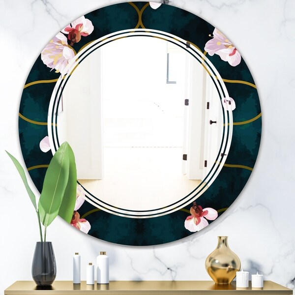 Designart 'Retro Pink Flower Pattern II' Cottage Round or Oval Wall Mirror - Triple C
