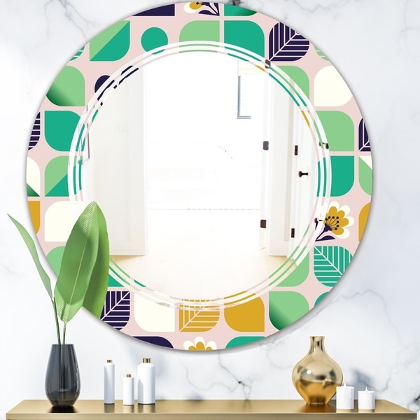 Designart 'geometric pattern with leaves and flowers' Modern Round or Oval Wall Mirror - Triple C