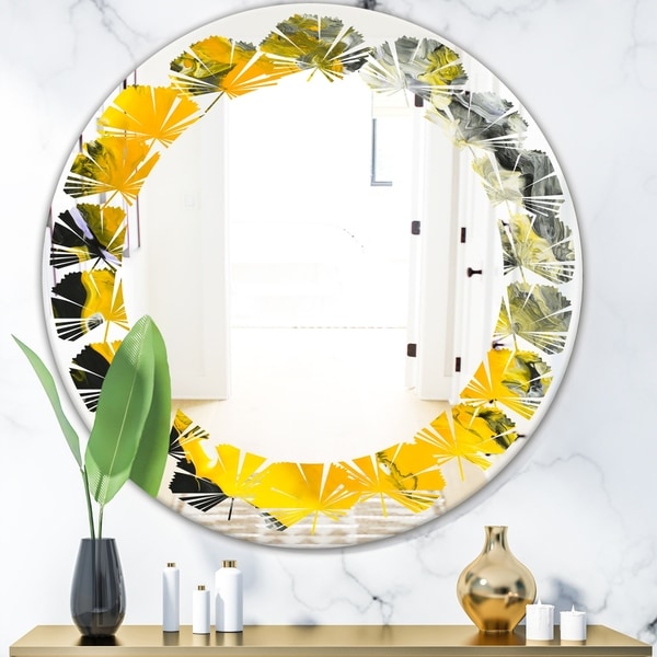 Designart 'Marbled Yellow 3' Modern Round or Oval Wall Mirror - Leaves
