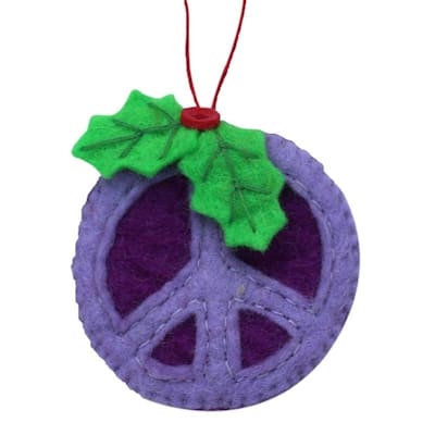 Handmade Felted Wool Christmas Ornament, Peace Sign-