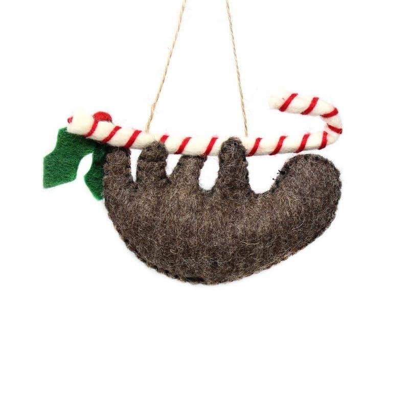 Handmade Felted Wool Christmas Ornament, Candy Cane Sloth-