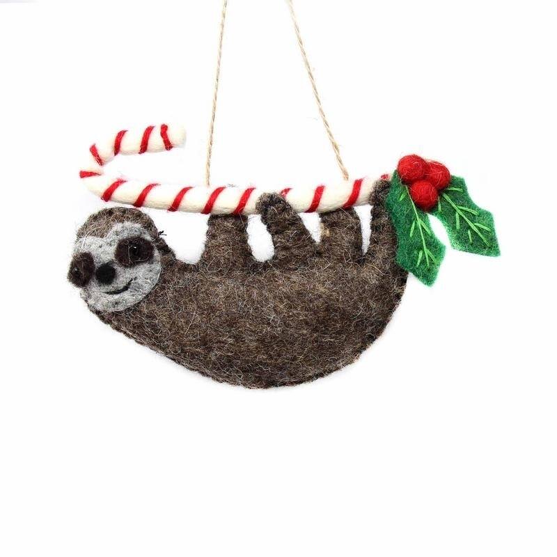 Handmade Felted Wool Christmas Ornament, Candy Cane Sloth-