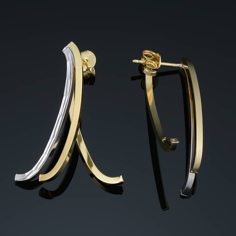 14k Two-tone Gold Polished Diamond-cut Double Curved Bar Front-and-back Earrings