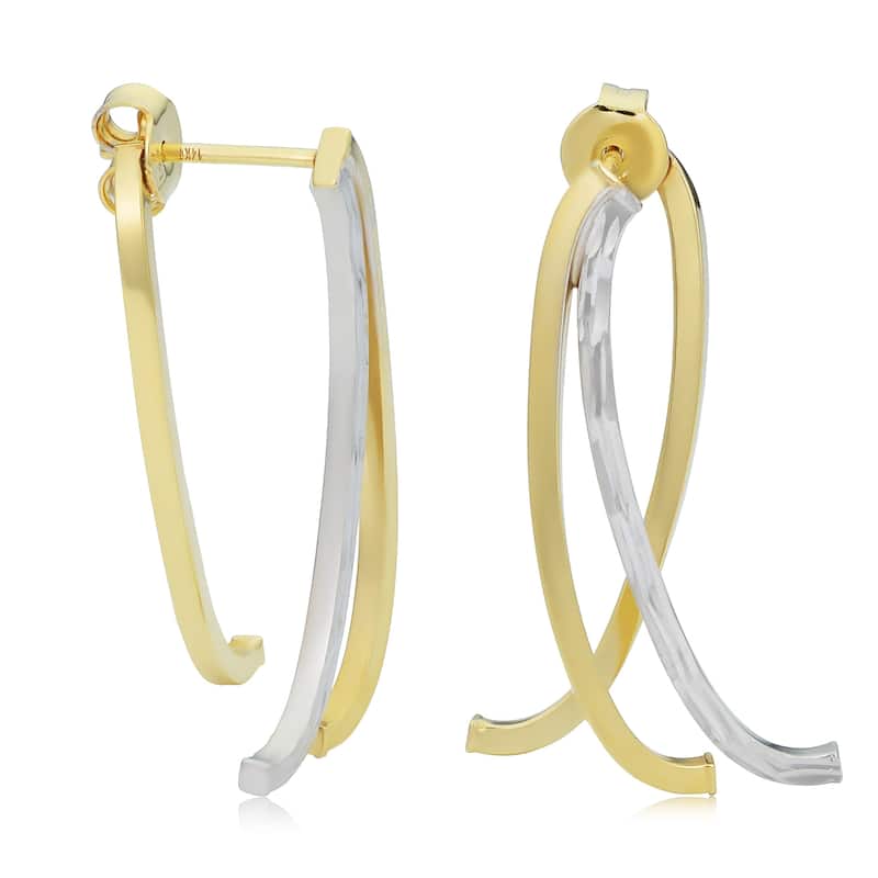 14k Two-tone Gold Polished Diamond-cut Double Curved Bar Front-and-back Earrings