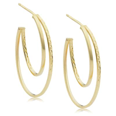 14k Yellow Gold Diamond-cut Graduated Oval Double Open Hoop Earrings