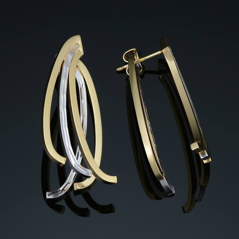 14k Two-tone Gold Polished Diamond-cut Triple Curved Bar Front-back Earrings