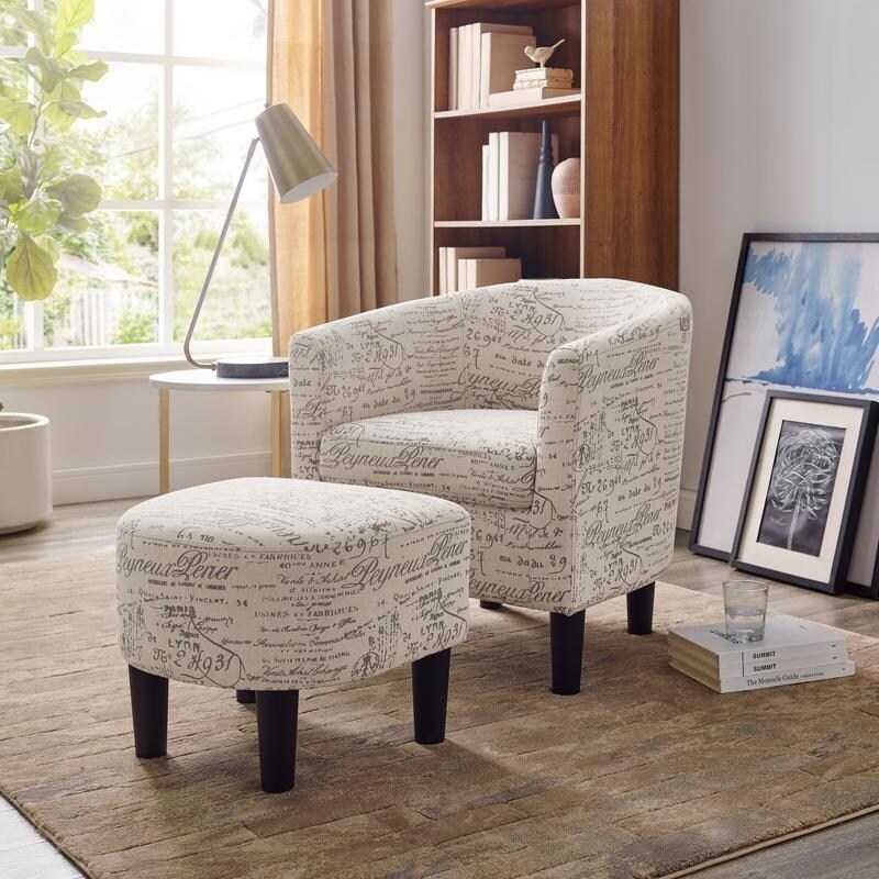 camilla fabric barrel chair with ottoman set