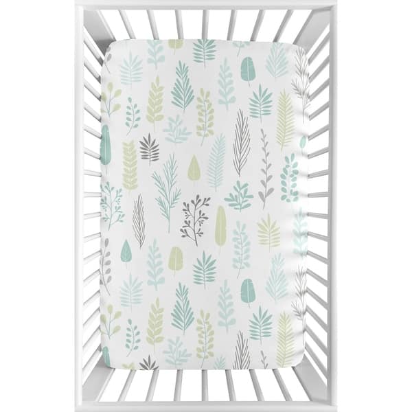 slide 2 of 3, Sweet Jojo Designs Blue Grey Tropical Leaf Unisex Fitted Mini Portable Crib Sheet For Mini Crib - Turquoise Green Jungle Sloth