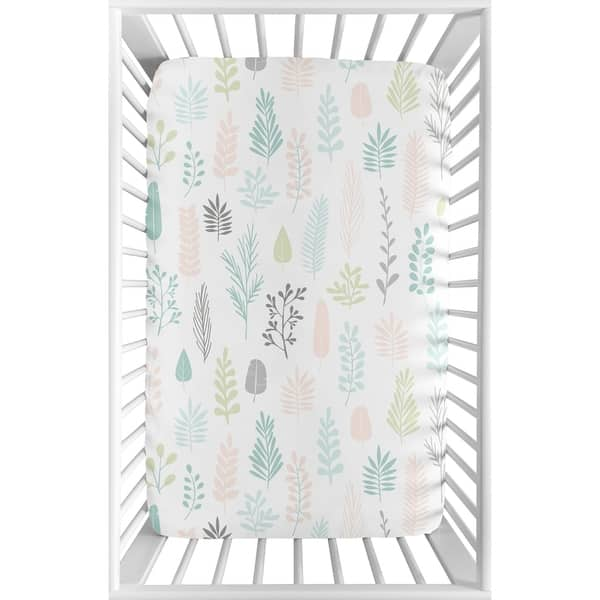 slide 2 of 3, Sweet Jojo Designs Pink Grey Tropical Leaf Fitted Mini Portable Crib Sheet For Mini Crib - Blush Turquoise Green Jungle Sloth