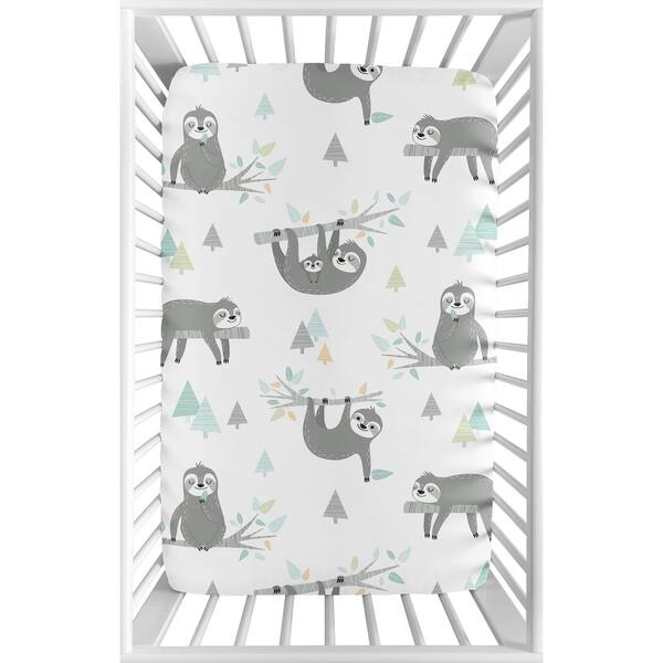 slide 2 of 3, Sweet Jojo Designs Blue Grey Jungle Sloth Leaf Unisex Fitted Mini Portable Crib Sheet For Mini Crib - Turquoise Green Rainforest