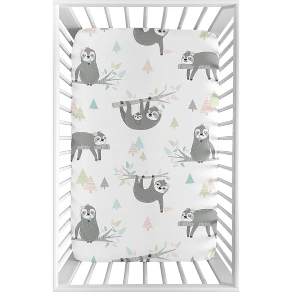 slide 2 of 3, Sweet Jojo Designs Pink Grey Jungle Sloth Girl Fitted Mini Portable Crib Sheet For Mini Crib - Blush Turquoise Green Rainforest