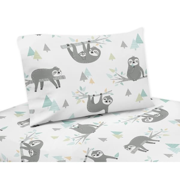 slide 1 of 1, Sweet Jojo Designs Blue and Grey Jungle Sloth Leaf Collection 3-piece Twin Sheet Set - Turquoise Gray Green Botanical Rainforest