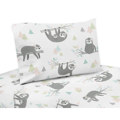 Sweet Jojo Designs Pink and Grey Jungle Sloth Leaf 4pc Queen Sheet Set - Blush, Turquoise, Gray and Green Botanical Rainforest