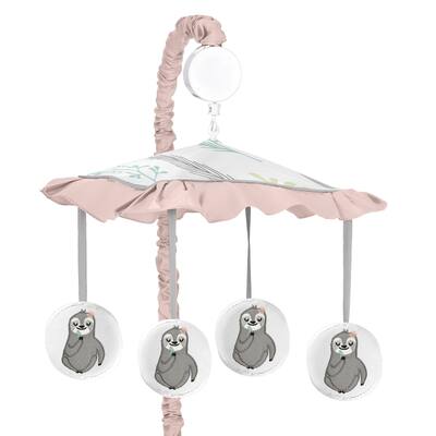 Sweet Jojo Designs Pink and Grey Jungle Sloth Leaf Girl Musical Crib Mobile - Blush Turquoise Gray Green Botanical Rainforest