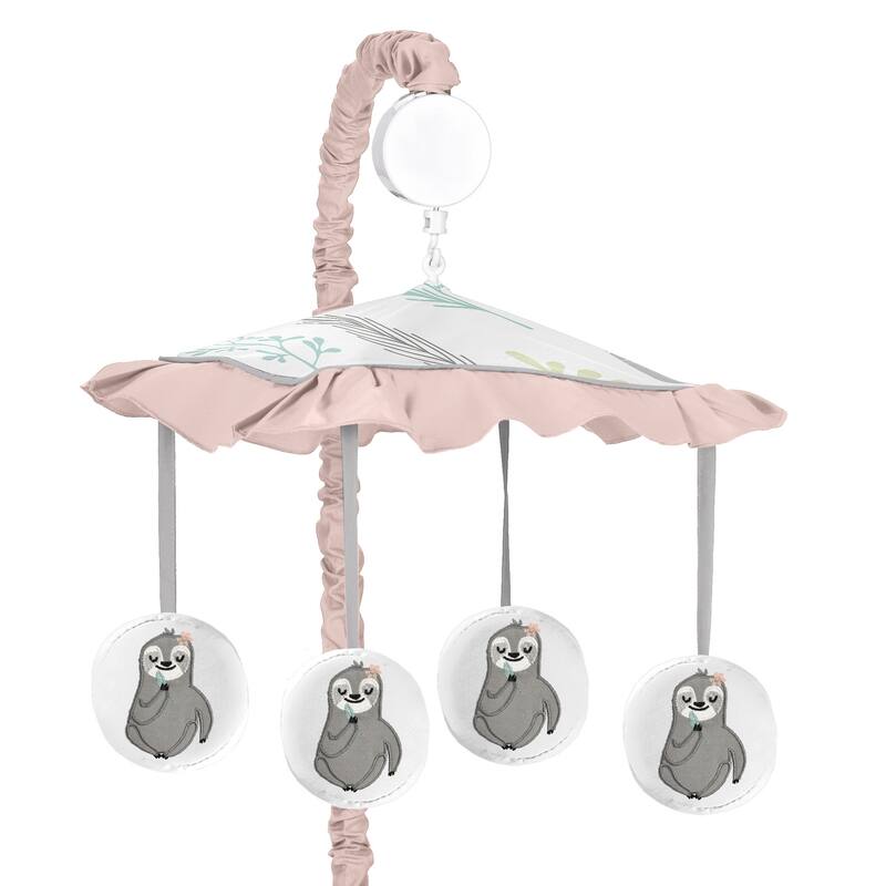 Sweet Jojo Designs Pink and Grey Jungle Sloth Leaf Girl Musical Crib Mobile - Blush Turquoise Gray Green Botanical Rainforest