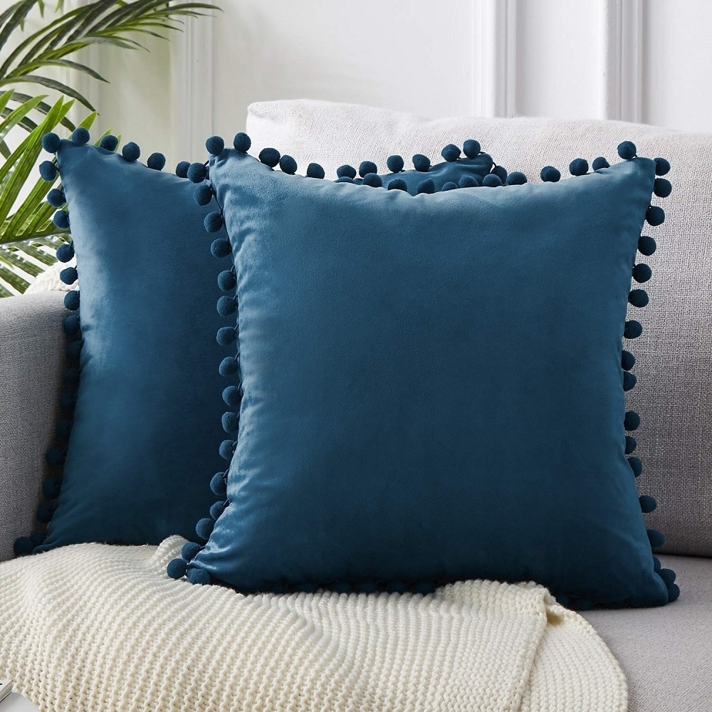 Velvet Solid with Pom Poms Throw Pillow Velvet Solid with Pom Poms Throw Pillow