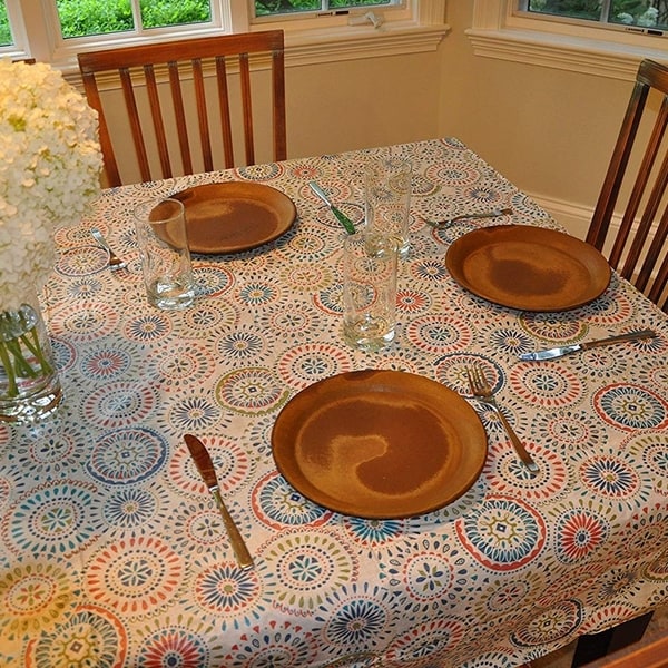 Stitched Edged Flannel Backed Vinyl Drop Tablecloth 54" x 72" Multi-color Geometric Medallion