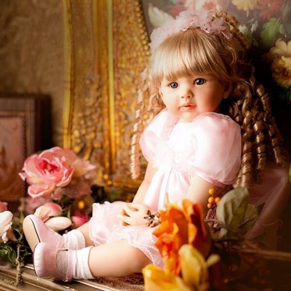 24 Beautiful Simulation Baby Golden Curly Girl Wearing Pink Princess Dress Doll Overstock