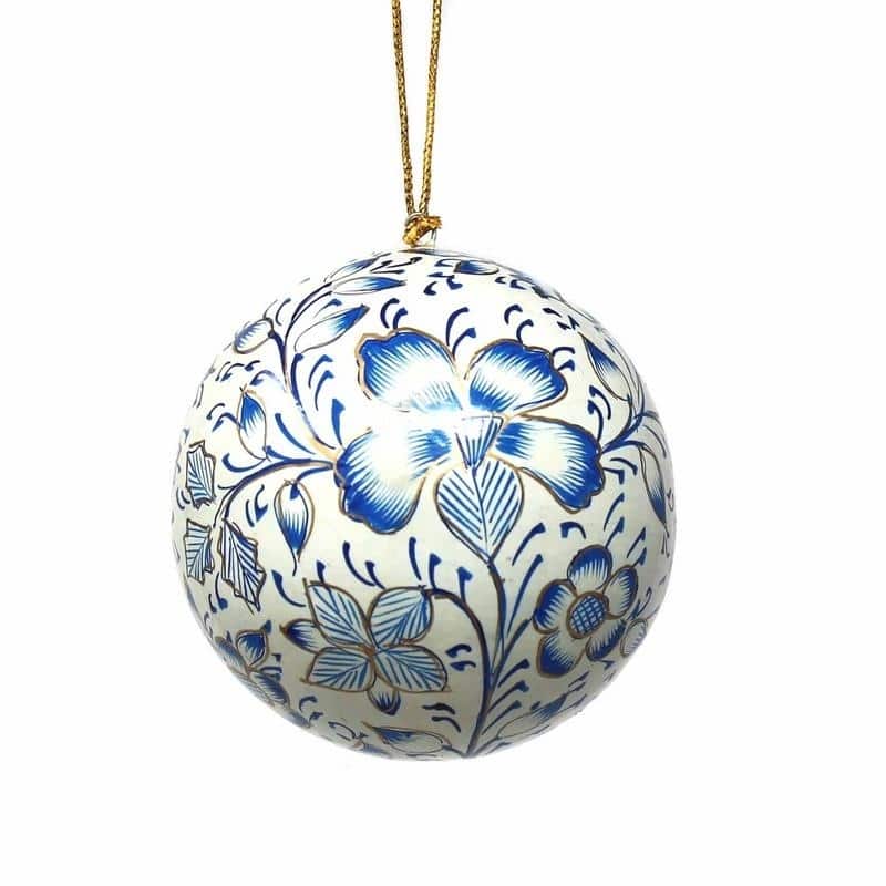 Handpmade Papier Mache Hanging Ball Christmas Ornament (India) - Handmade - Ball - GreyBlueFloral
