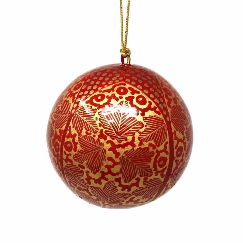Handpmade Papier Mache Hanging Ball Christmas Ornament (India) - Handmade - Ball - RedGoldChinarLeaves