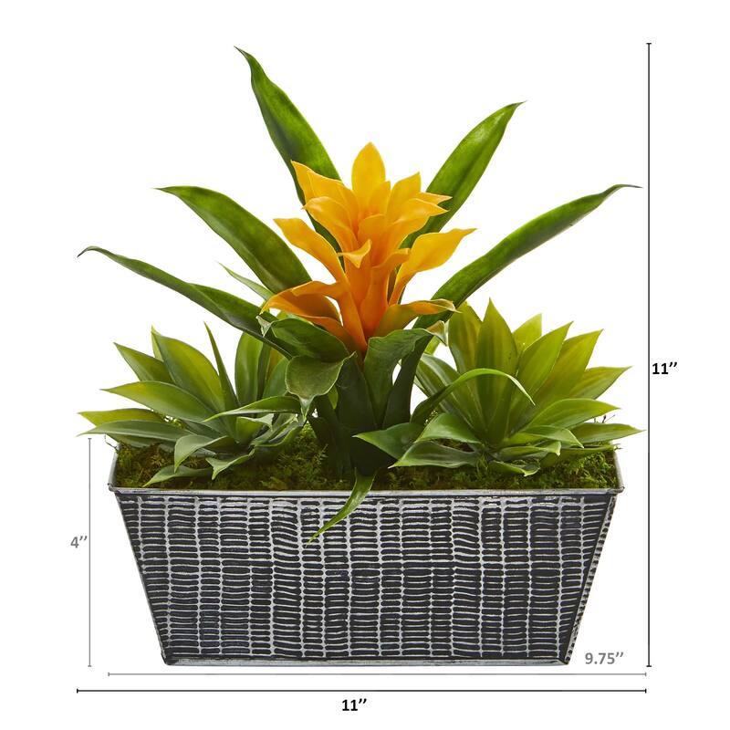11" Bromeliad and Agave Artificial Plant in Embossed Tin Planter