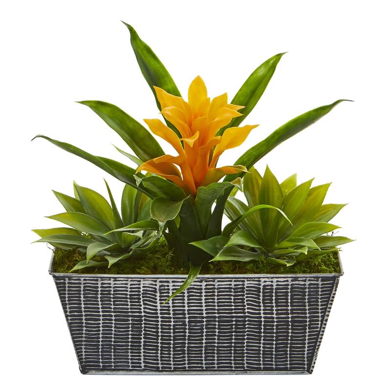11" Bromeliad and Agave Artificial Plant in Embossed Tin Planter