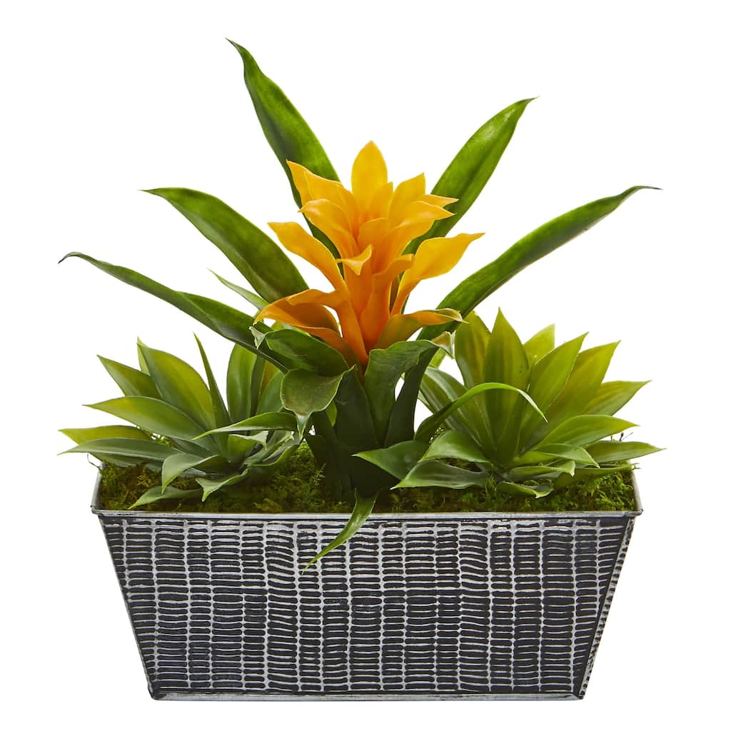11" Bromeliad and Agave Artificial Plant in Embossed Tin Planter