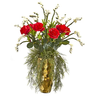 25" Rose Artificial Arrangement in Designer Gold Vase