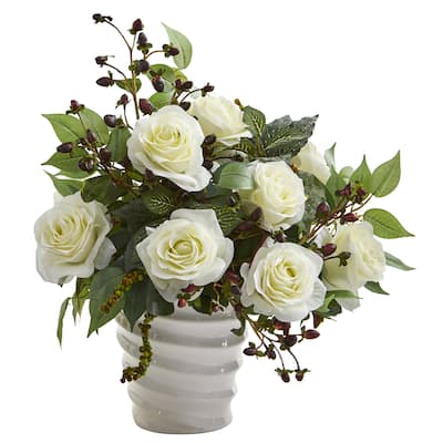 14" Rose and Mixed Greens Artificial Arrangement in White Vase