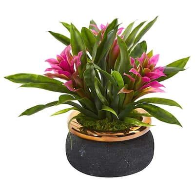 11" Bromeliad Artificial Plant in Stoneware Planter