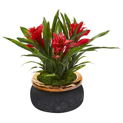 11" Bromeliad Artificial Plant in Stoneware Planter