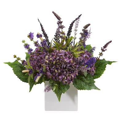 15" Hydrangea and Lavender Artificial Arrangement in White Vase