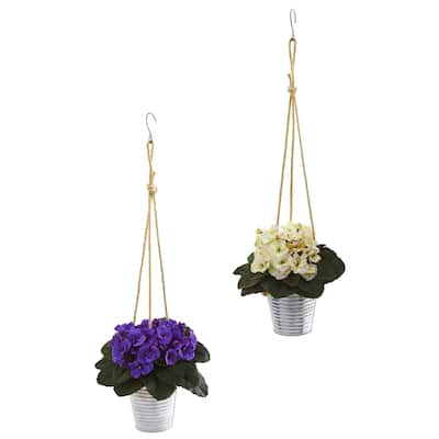 21" African Violet Artificial Plant in Hanging Bucket (Set of 2)