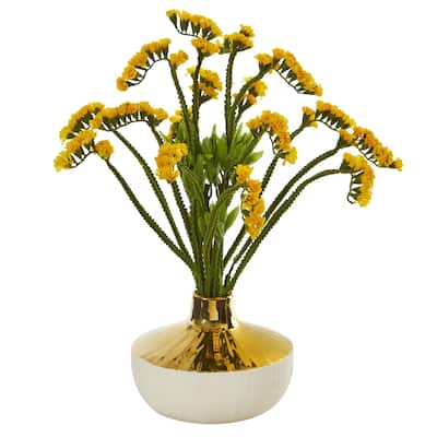 17" Baby Breath Artificial Arrangement in Gold and Cream Elegant Vase