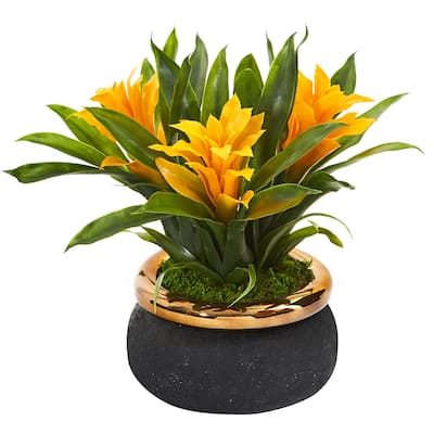 11" Bromeliad Artificial Plant in Stoneware Planter