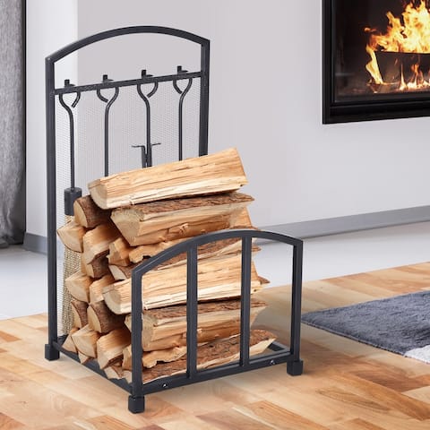 HomCom Heavy-Duty Small Firewood Rack with Fireplace Tool Set