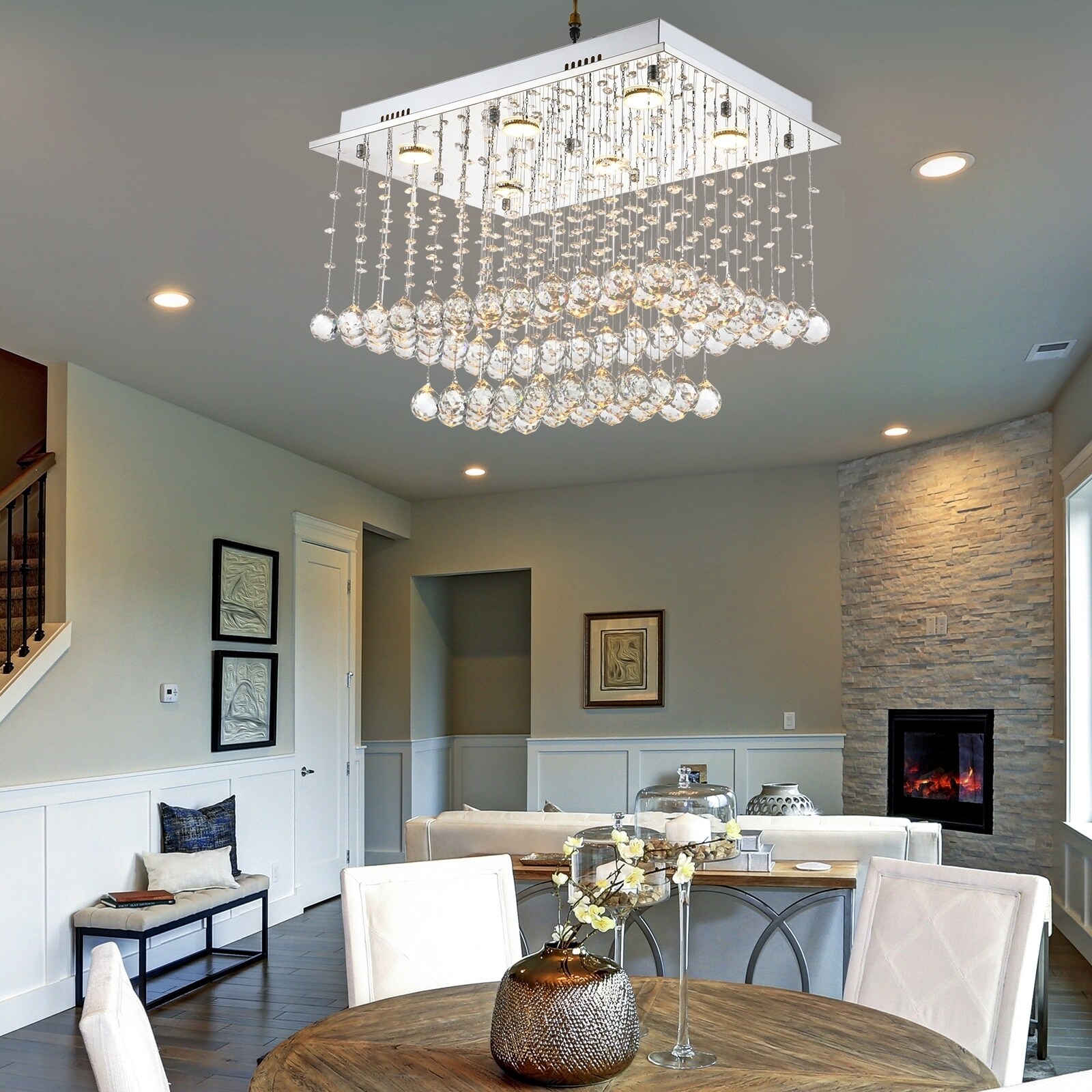 HOMCOM K9 Crystal Glass Fixture Rainfall Chandelier Stainless Steel Board with Gloves GU10 Light Cap - Chandeliers For Bedrooms by Overstock.com