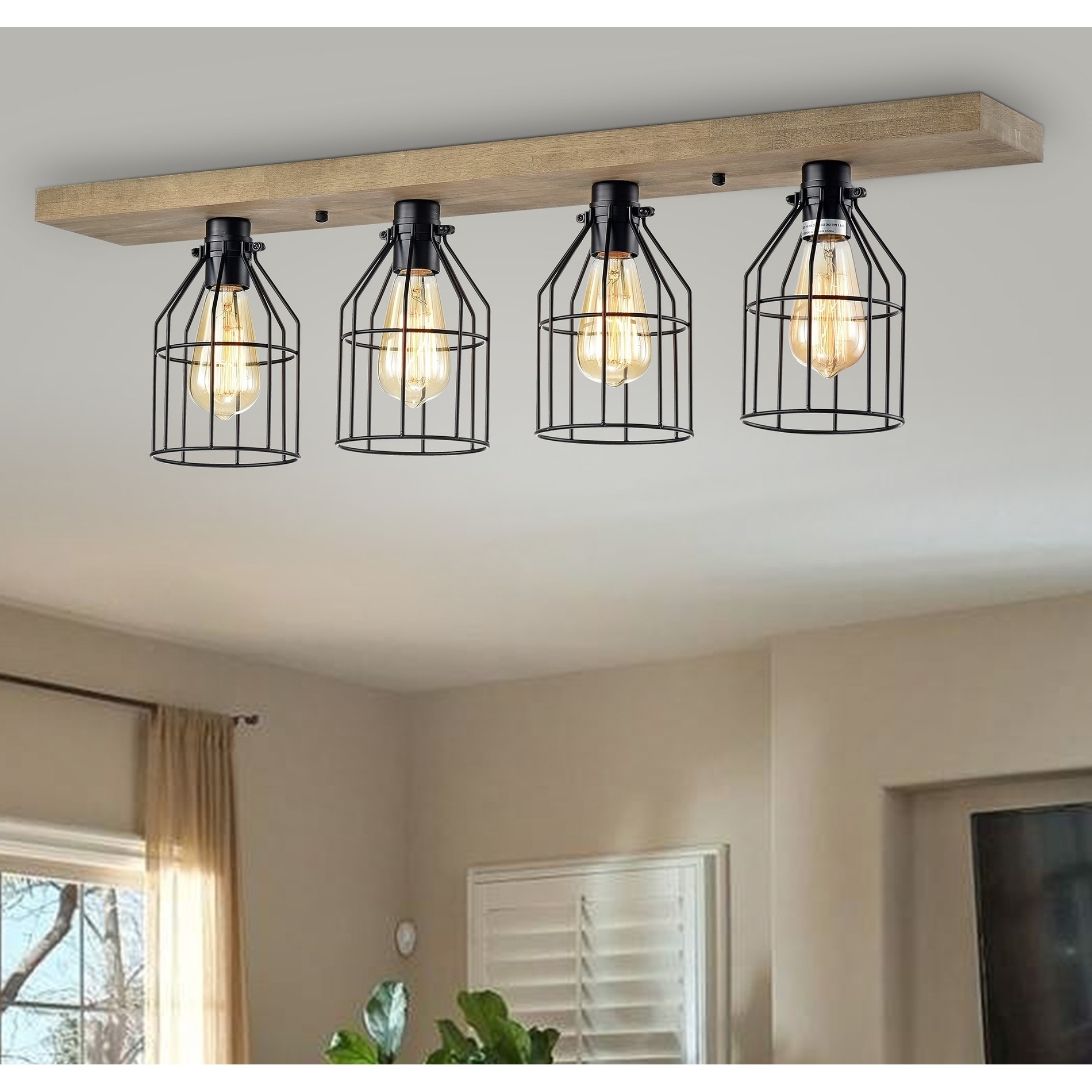 Warehouse of Tiffany Daisy Road 4-light Wood and Metal Cage Linear Flush Mount