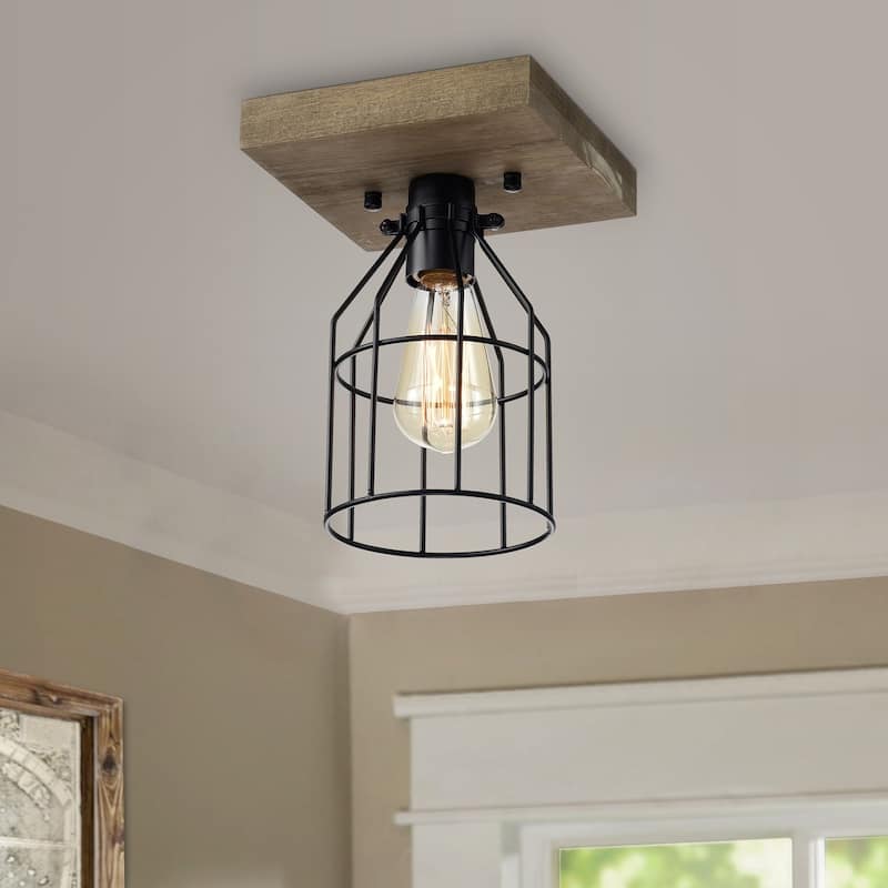 Koko 1-Light Wood and Metal Cage Flush Mount